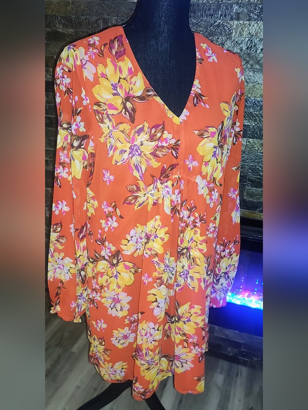 Orange Floral V-Neck Dress with Yellow Blooms Size Small (4-6)